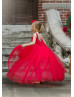 Beaded Red Satin Tulle V Back High Low Flower Girl Dress